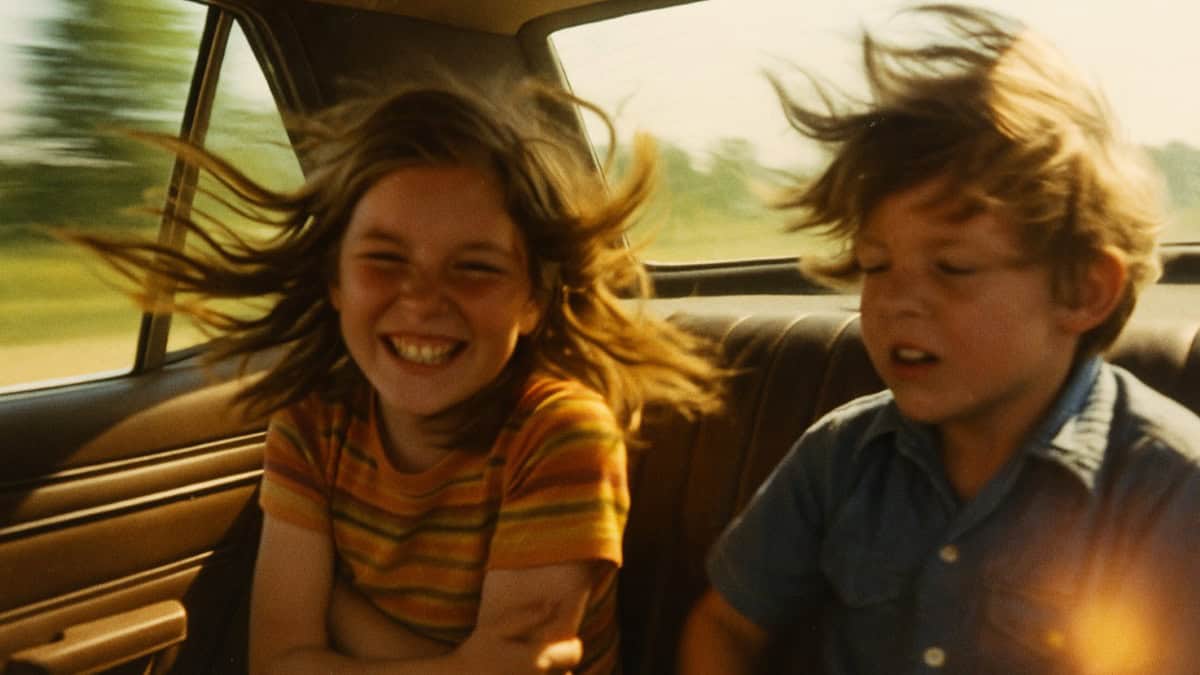 Growing Up in a Big Family: What Nobody Else Gets 3 A nostalgic scene capturing the essence of road trips in the 70s and 80s, highlighting carefree travel without air conditi...