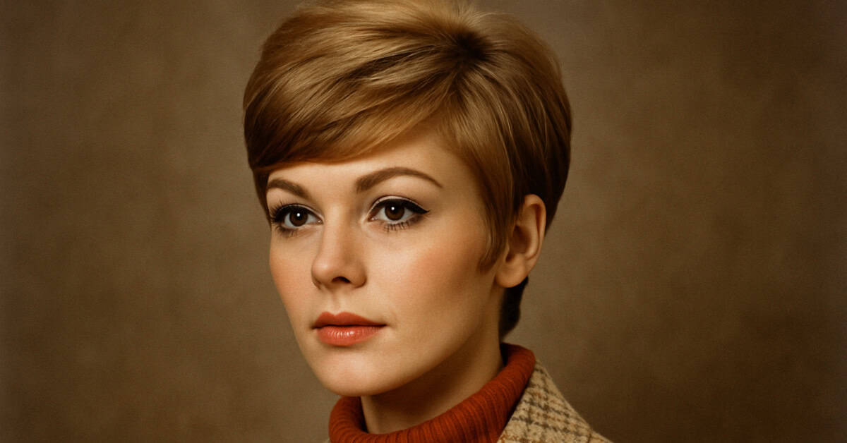 A stylish side-swept pixie haircut, showcasing a popular 1970s hairstyle trend.