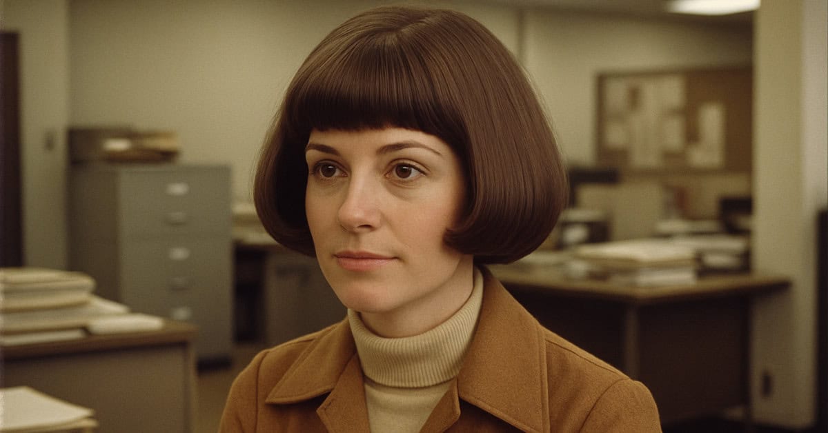 A stylish pageboy haircut, showcasing a popular '70s hairstyle featured in the post.