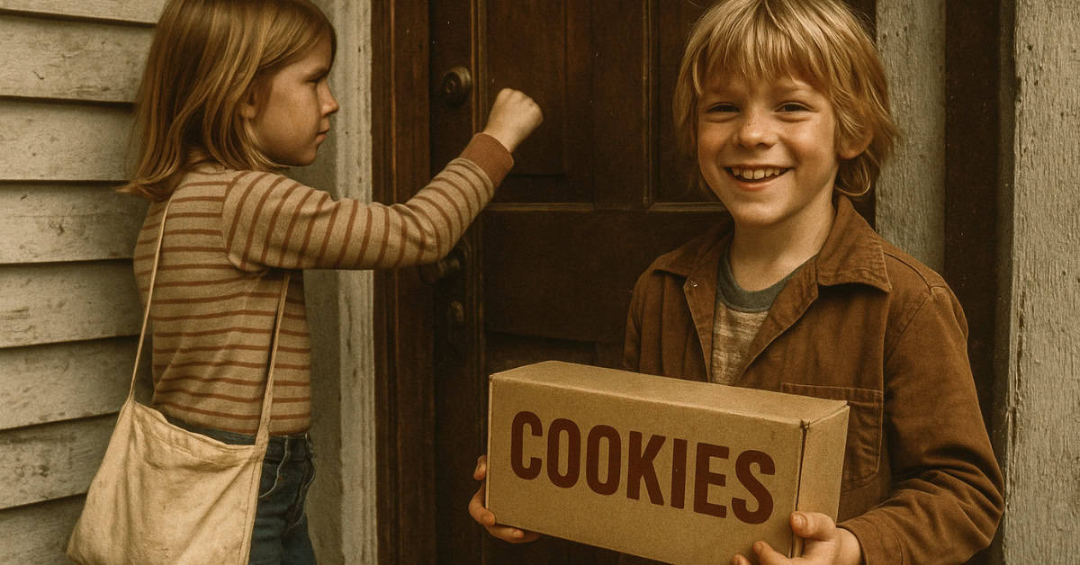 Image of kids selling door-to-door, showcasing a past parenting practice now illegal.