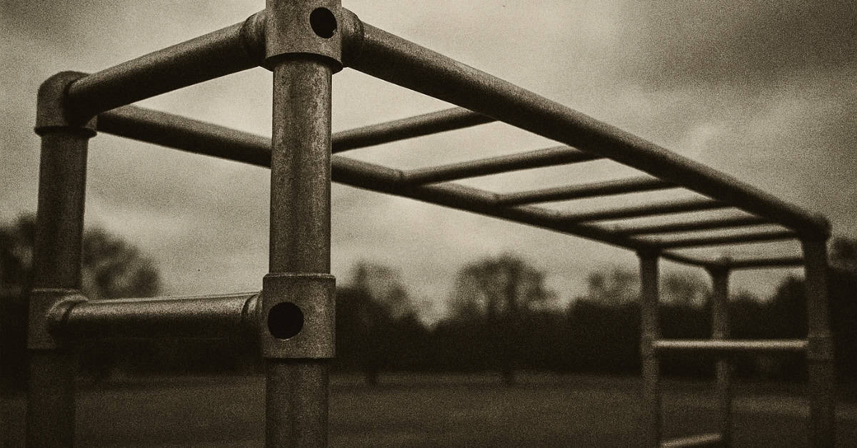 Remember These? 15 Playground Equipment Pieces That Would Never Pass Safety Standards Today 8 Image of a shadowy figure near monkey bars, illustrating a '70s playground legend.