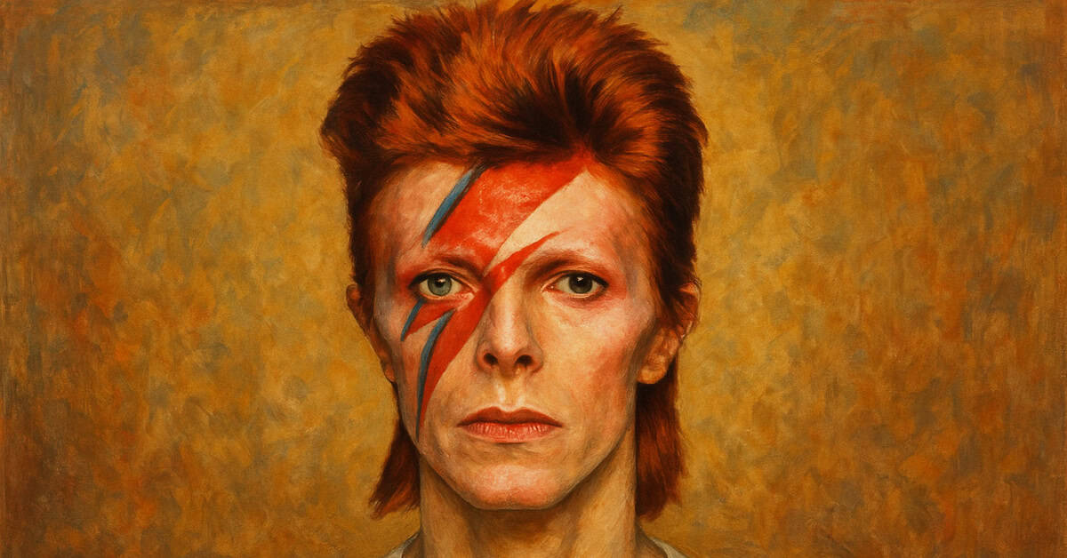 This image illustrates the popular myth surrounding David Bowie's eye color, linking it to '70s rock star urban legends.