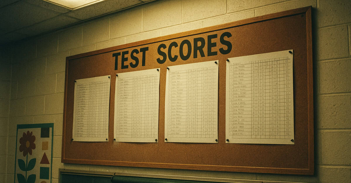 Image of a public grade posting board from the '70s, highlighting school rules.