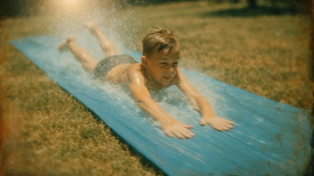 A vibrant Slip 'N Slide showcasing a classic Boomer kid toy from the past.