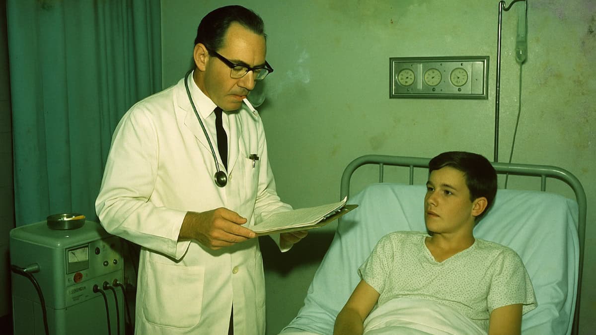 Image showing a hospital scene with people smoking, reflecting past norms.