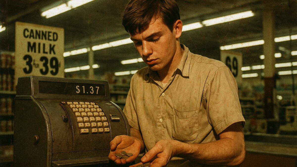 A child counting coins to make change, illustrating skills before Google.