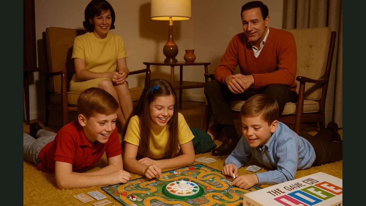 Why Our Childhood Was Actually the Best One 6 A family playing The Game of Life together, creating cherished memories.