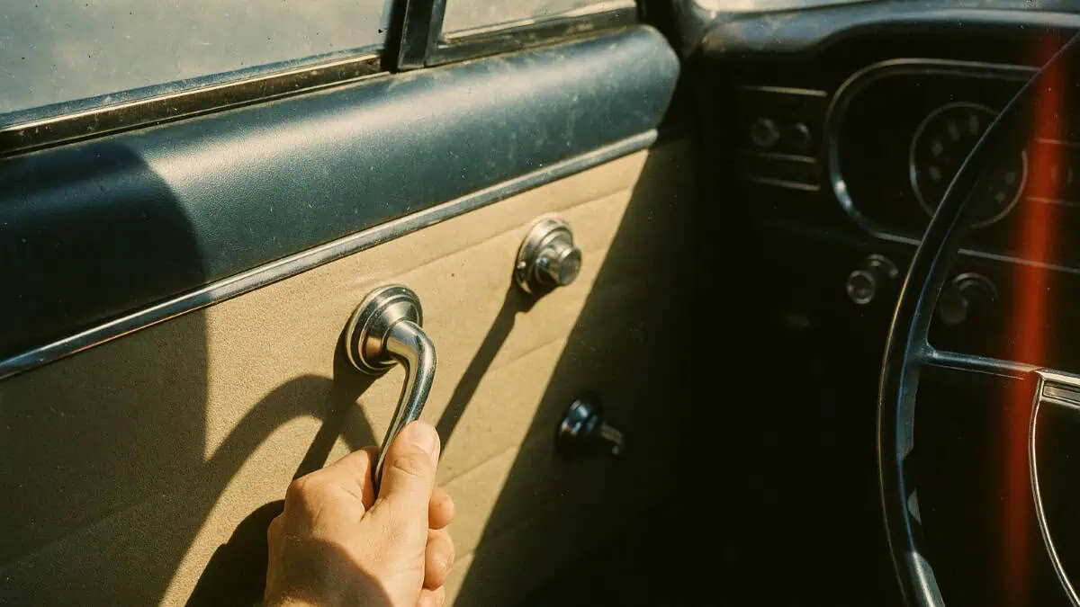 What Every Real 70s Kid Knew How to Do 11 Image of a manual car window crank, showcasing a nostalgic feature that baffles today's tech-savvy kids.