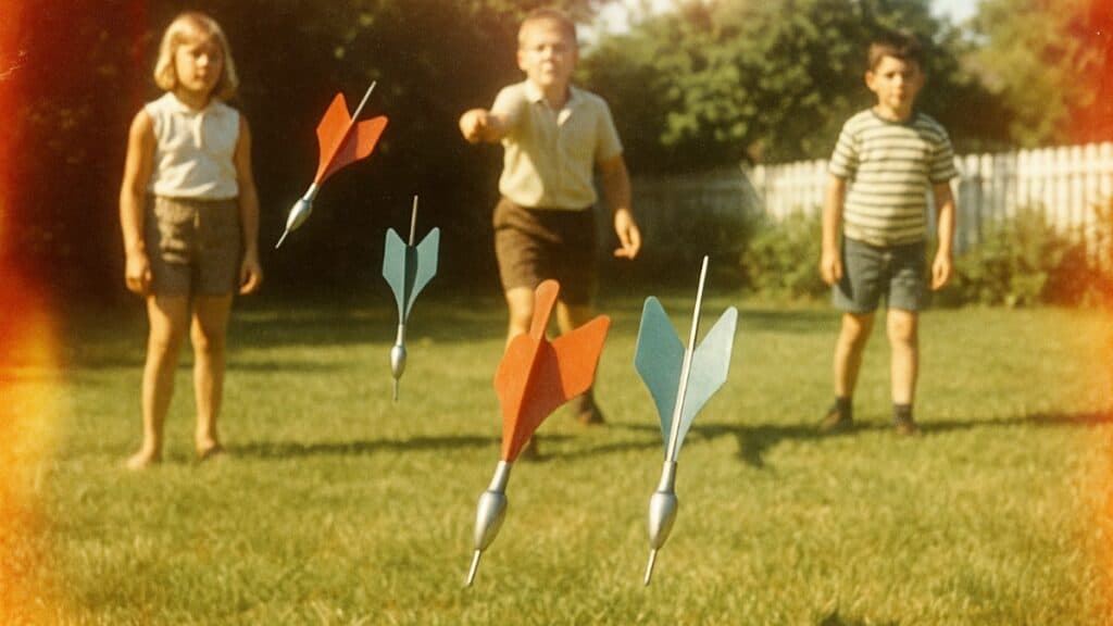 A colorful image of lawn darts, a popular 70s game that raises safety concerns today.
