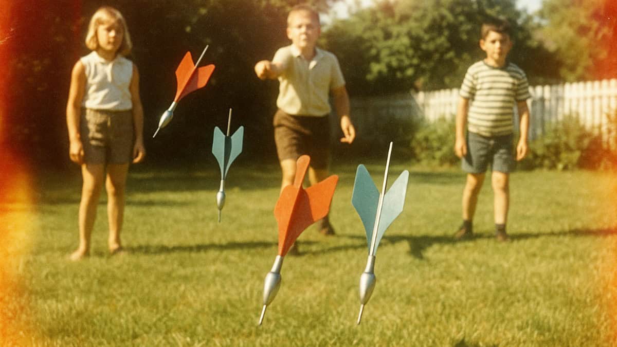 A colorful image of lawn darts, a popular 70s game that raises safety concerns today.