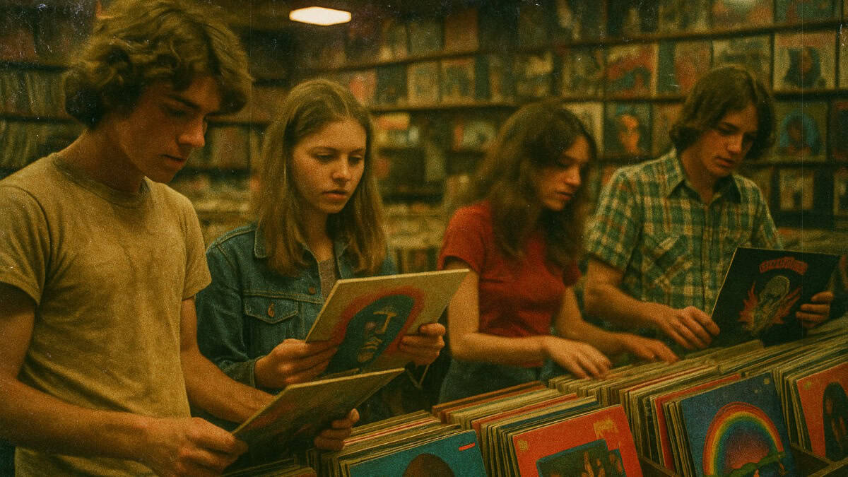 A nostalgic image depicting a lively record store filled with vinyl records.