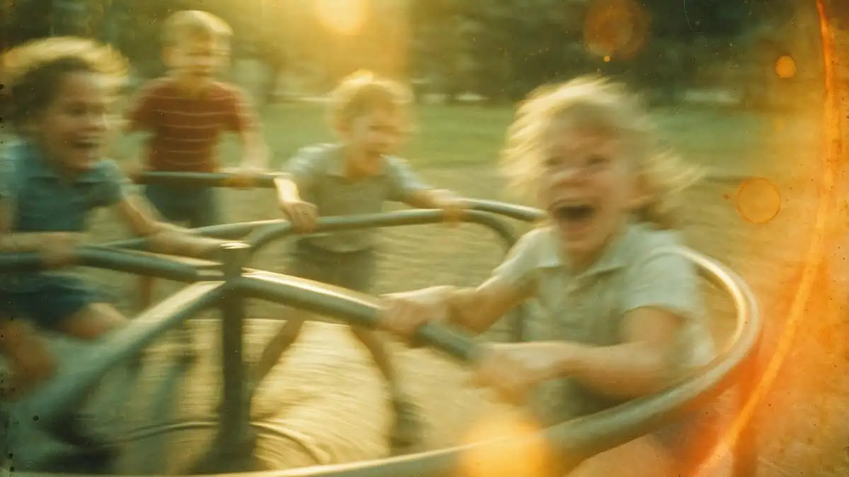 An illustration of children on a merry-go-round, reflecting past playground rules.