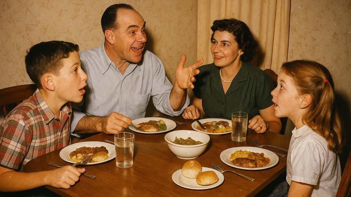 15 Dinner Table Rules That Would Make Today's Kids Stage a Revolt 2 Image depicting a 1950s family enjoying mandatory dinner conversations.