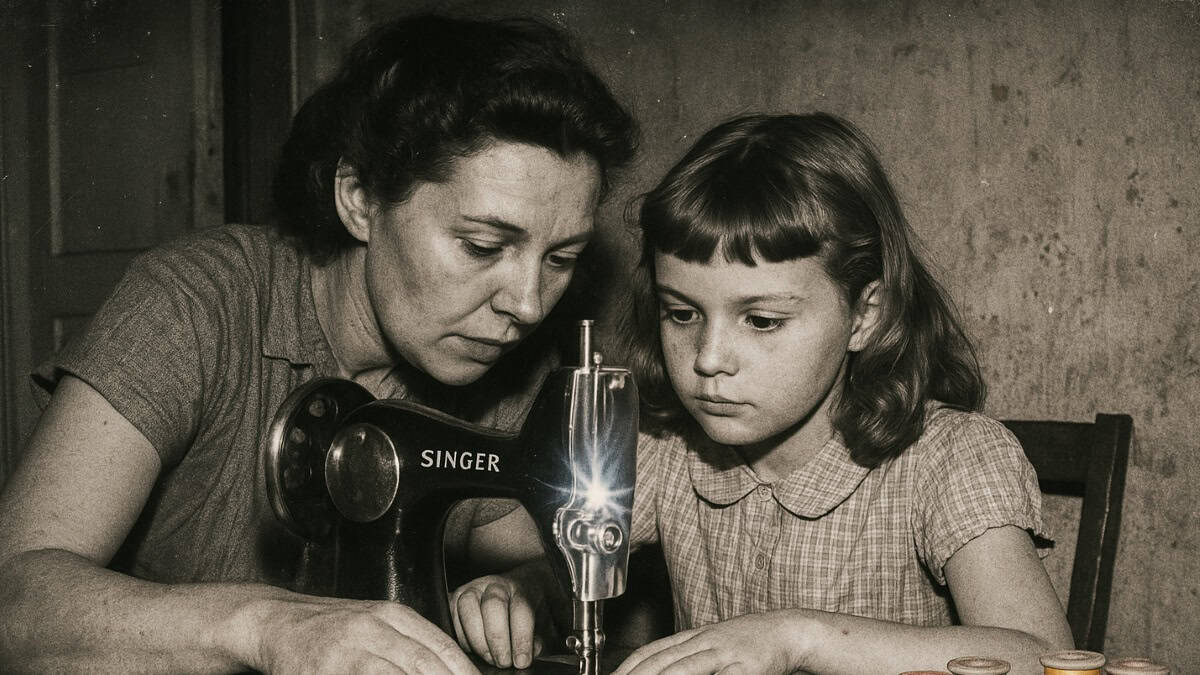 A heartwarming scene of parents and children crafting together, reflecting bonding activities from the '50s.