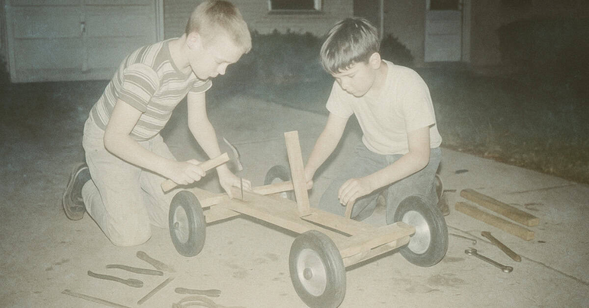 Image of kids building go-karts, a nostalgic after-school activity no longer popular.