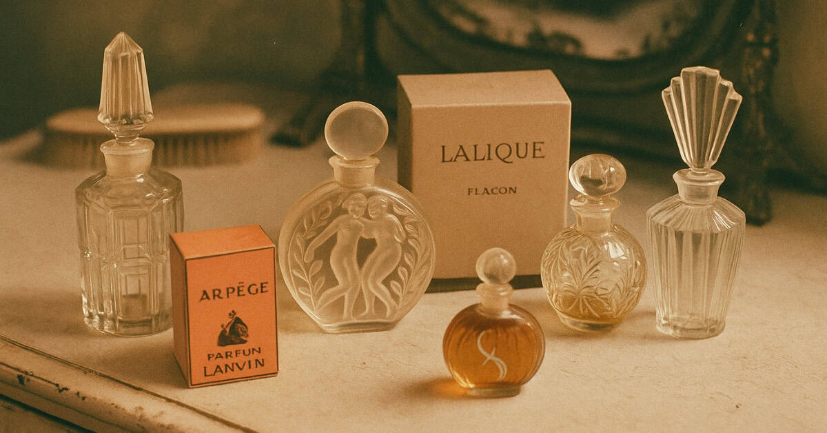 Close-up of vintage perfume bottles, highlighting collectibles from your parents' house.