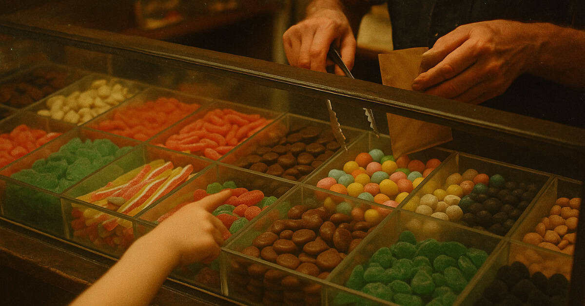 A vintage corner store display featuring penny candy, evoking childhood memories.
