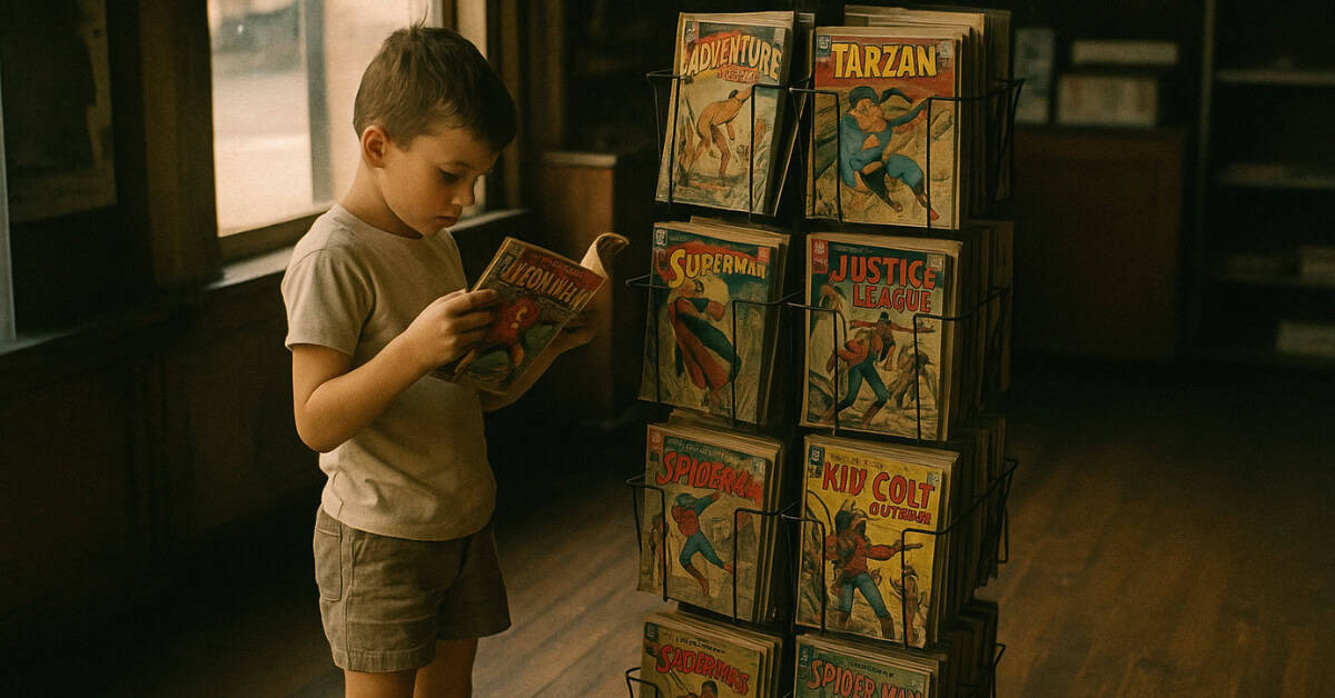 Everyday '60s Items Nobody Treasured That Are Now Priceless 5 A nostalgic scene of children reading comic books at a corner store, reflecting on past fun.