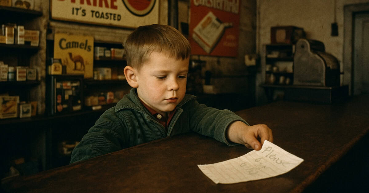 A nostalgic image of a 60s corner store, reflecting kids' unique experiences, like buying cigarettes for Dad.