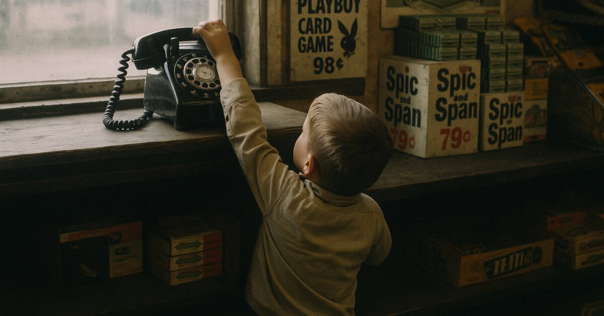 A vintage corner store with kids using the phone, reflecting past childhood experiences.