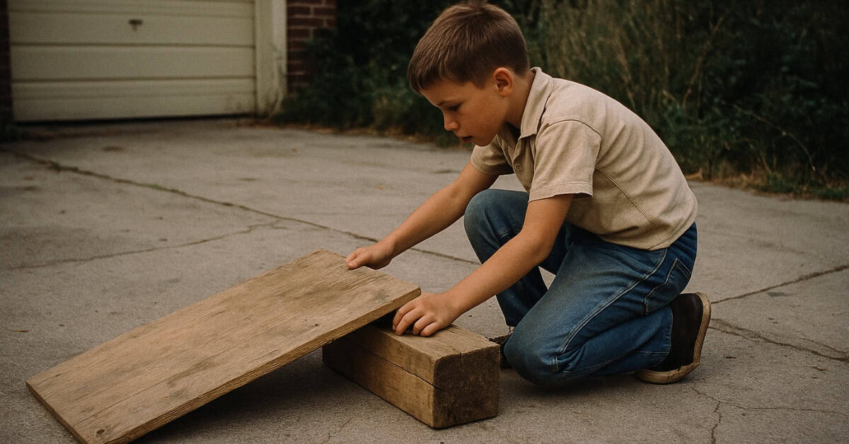 A child constructs a bike ramp, showcasing a daring after-school activity that would shock modern parents.