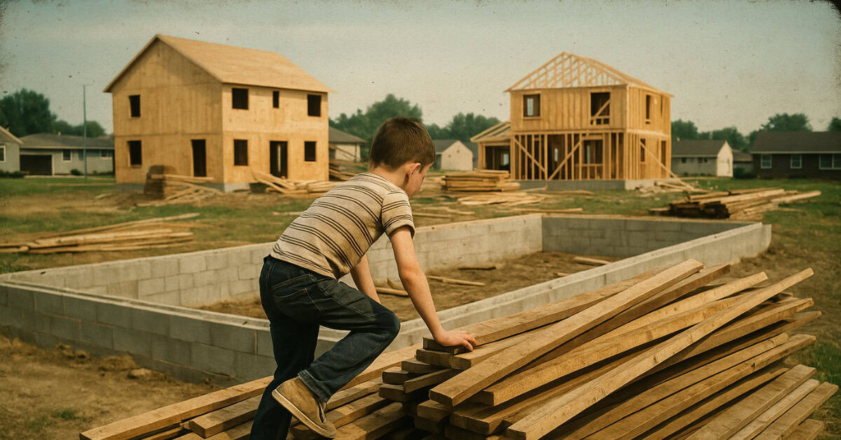 Image of children playing in a construction site, reflecting past carefree after-school activities.