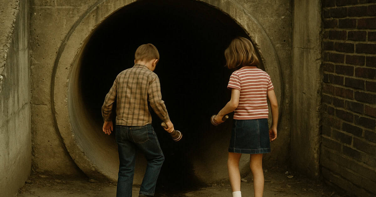 A group of children playing near storm drains, reflecting 1960s after-school activities that shock modern parents.