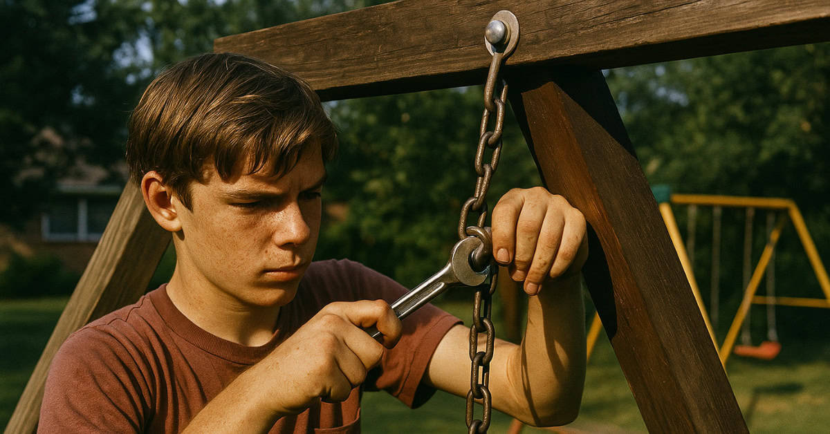 Image of kids repairing backyard play equipment, showcasing skills from the 60s.