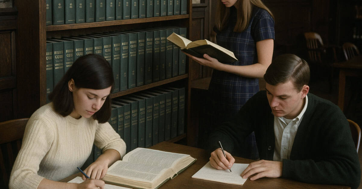 Kids exploring the Reader's Guide to Periodicals at a 1960s library.