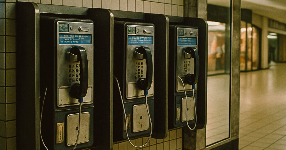 What Every Real 70s Kid Knew How to Do 15 A nostalgic view of kids socializing at pay phones in a mall setting.