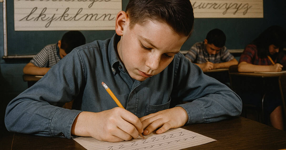 A classroom scene illustrating strict handwriting grade penalties from the 60s.