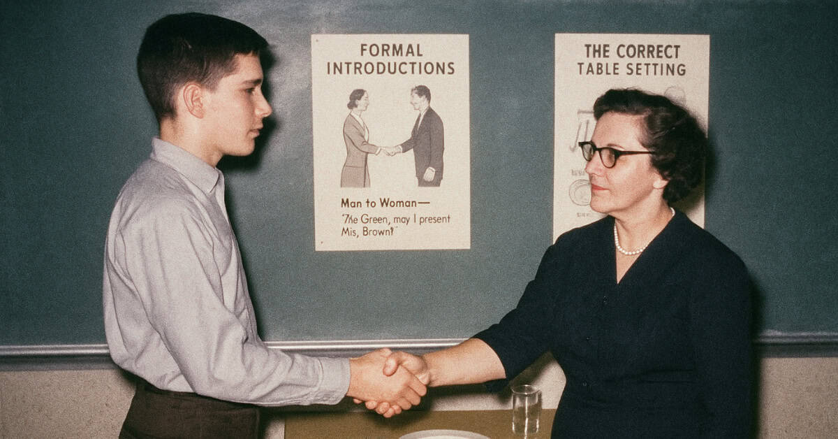 Image of 1960s classroom highlighting subjects like etiquette, once mandatory.