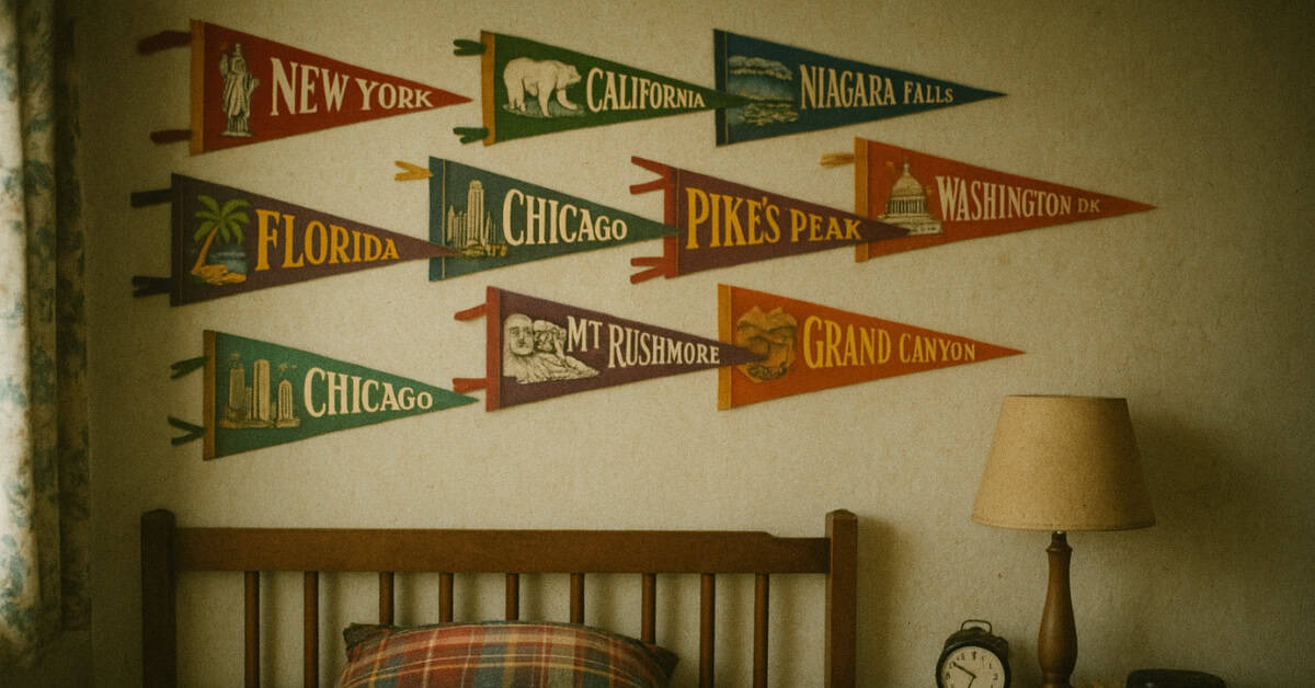 16 School Supplies That Cost Pennies Then but Are Worth Hundreds Now 6 Colorful roadside attraction pennants showcasing nostalgic vacation spots.