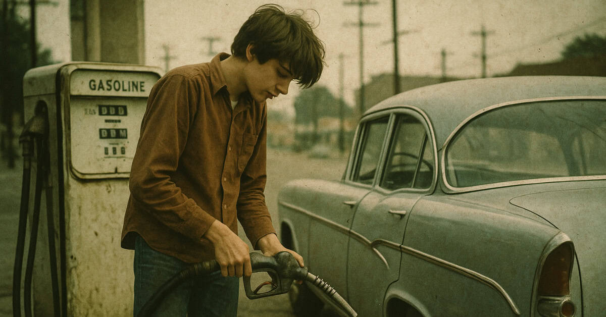 A nostalgic image of a gas station, highlighting the thrill of pumping gas before paying.