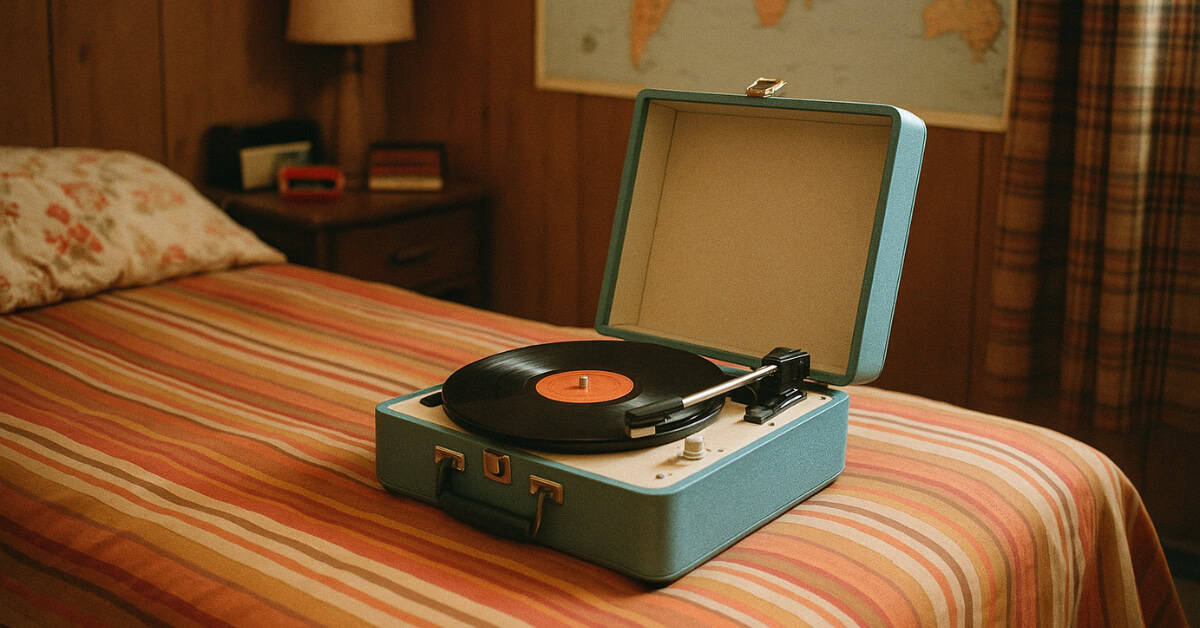 A vintage portable record player typical of a 1970s child's bedroom setup.