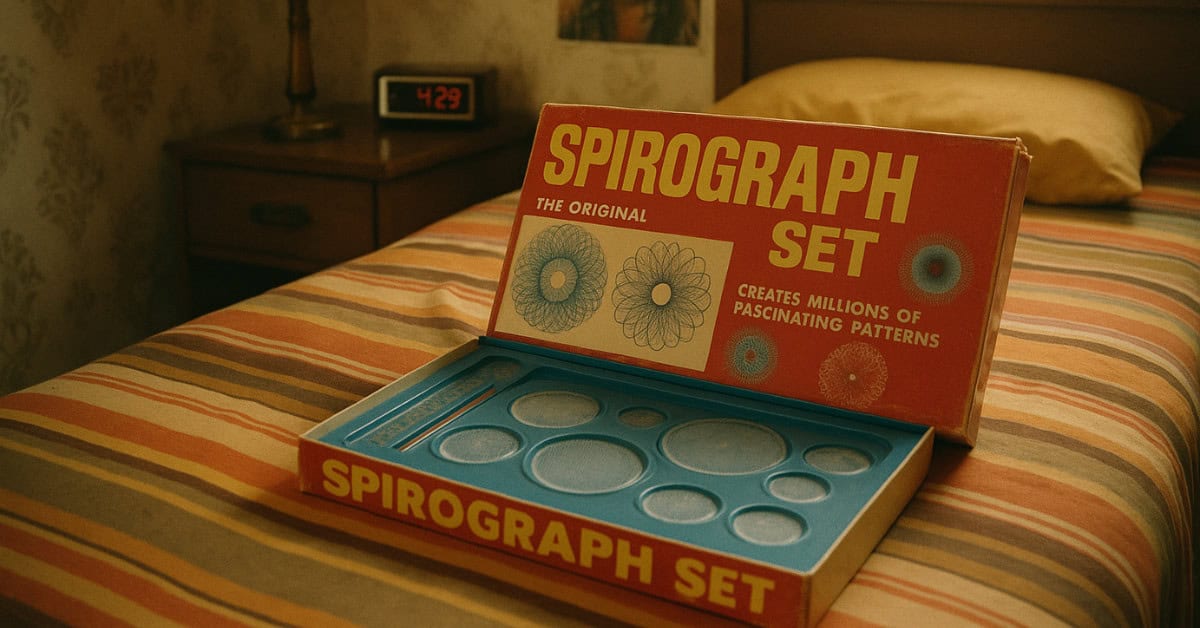 Colorful Spirograph set from the '70s, showcasing creativity in kids' bedrooms.