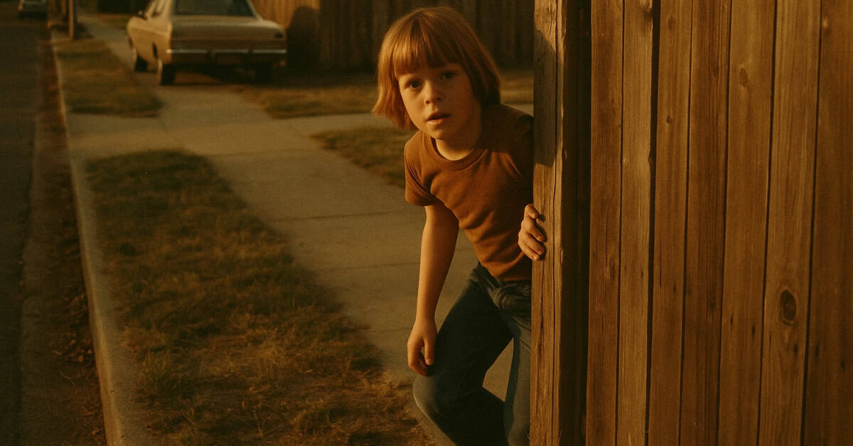 A nostalgic scene of 70s kids enjoying hide and seek before dark sets the tone.