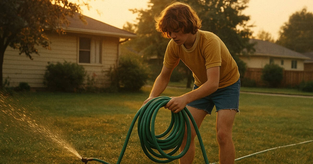 A nostalgic image of kids turning off a sprinkler, capturing 70s childhood memories.