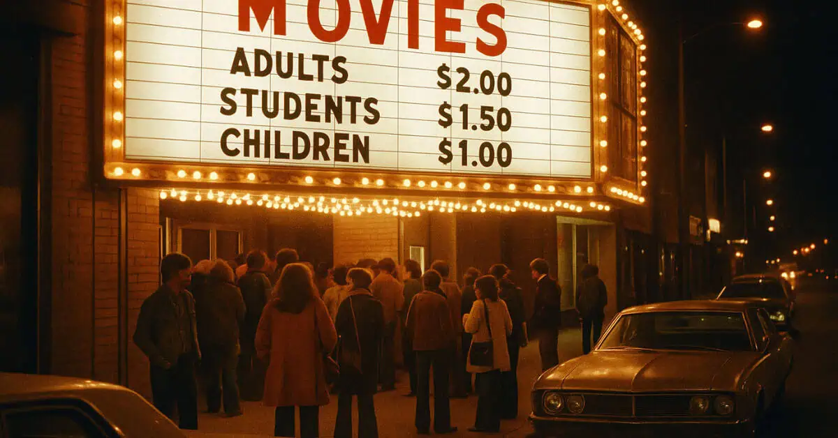 Image showing a 1970 movie ticket priced at $0.75 vs. today's $12.50.