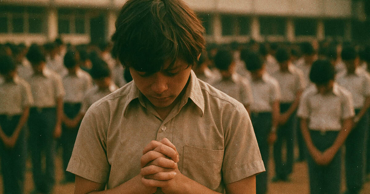 Image depicting students engaging in prayer and Bible readings, highlighting 70s school rules.