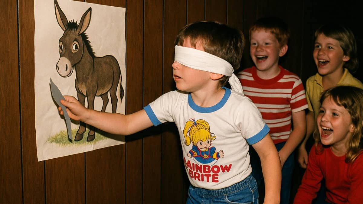 Image of kids playing Pin the Tail on the Donkey at an ’80s birthday party.