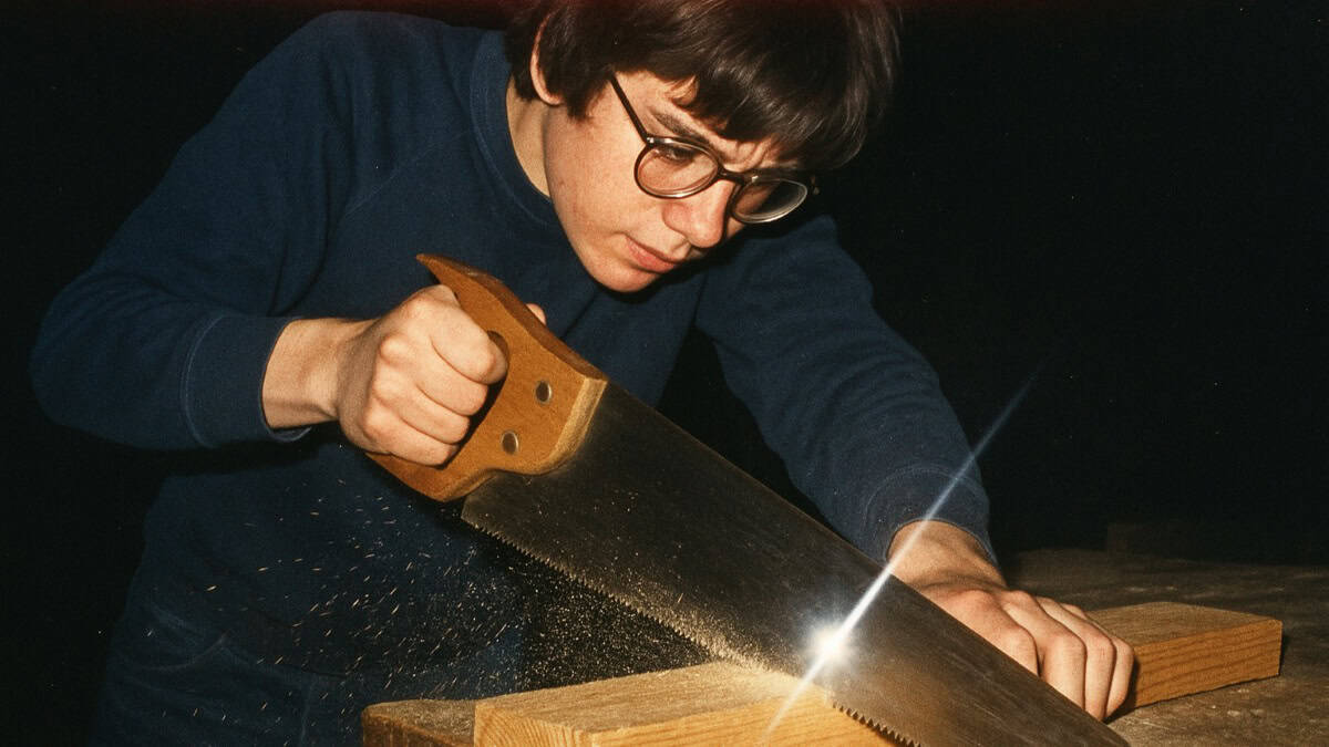 A young student demonstrates proper sawing technique in a shop class setting.