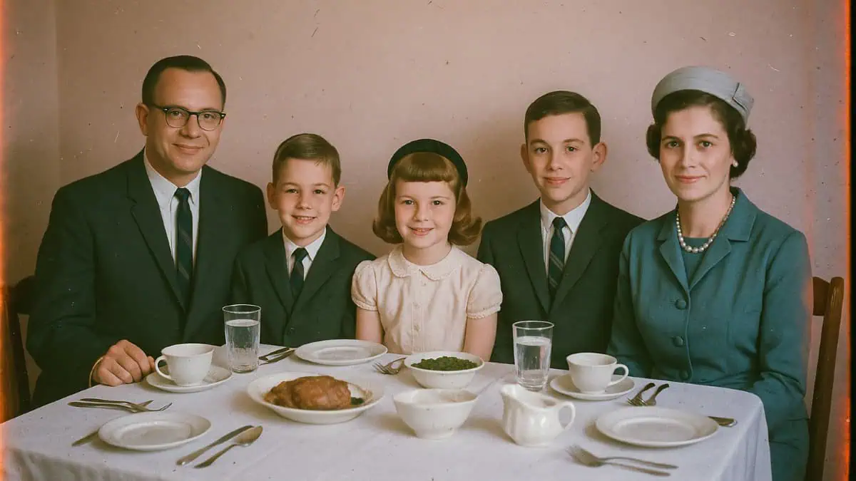 Old-School Discipline Methods That Actually Worked 6 A family dinner table set with traditional decor, emphasizing Sunday Best.