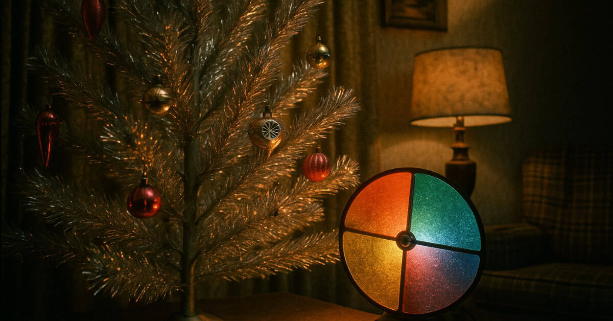 A vintage aluminum Christmas tree, showcasing 1960s holiday decor that could trigger safety recalls today.