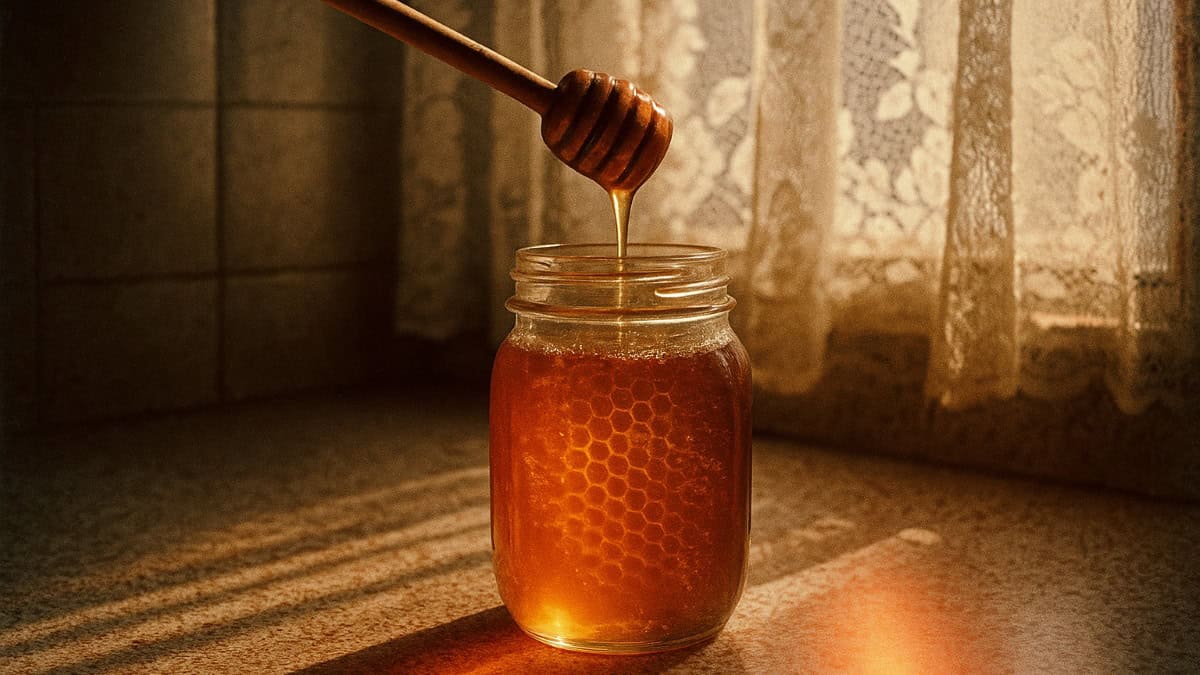 Household Remedies That Actually Worked Better Than Modern Medicine 2 A jar of honey and a spoon, illustrating its use as a cough remedy from grandma's classic home remedies.