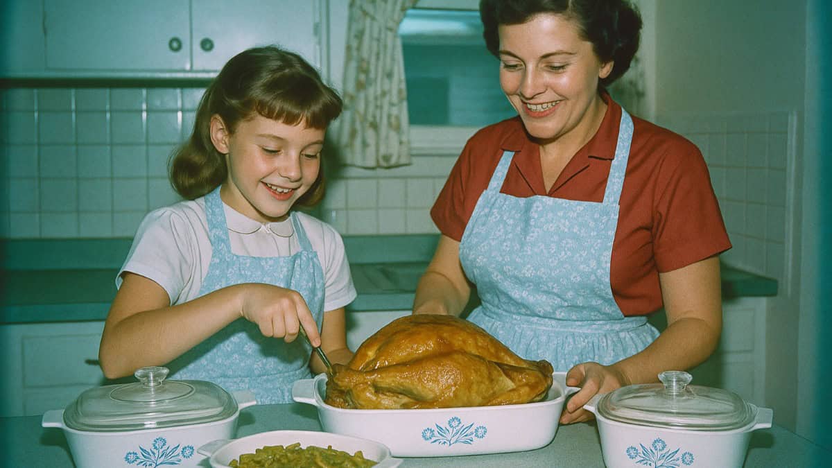 Classic Corningware casserole dish symbolizing durable household items
