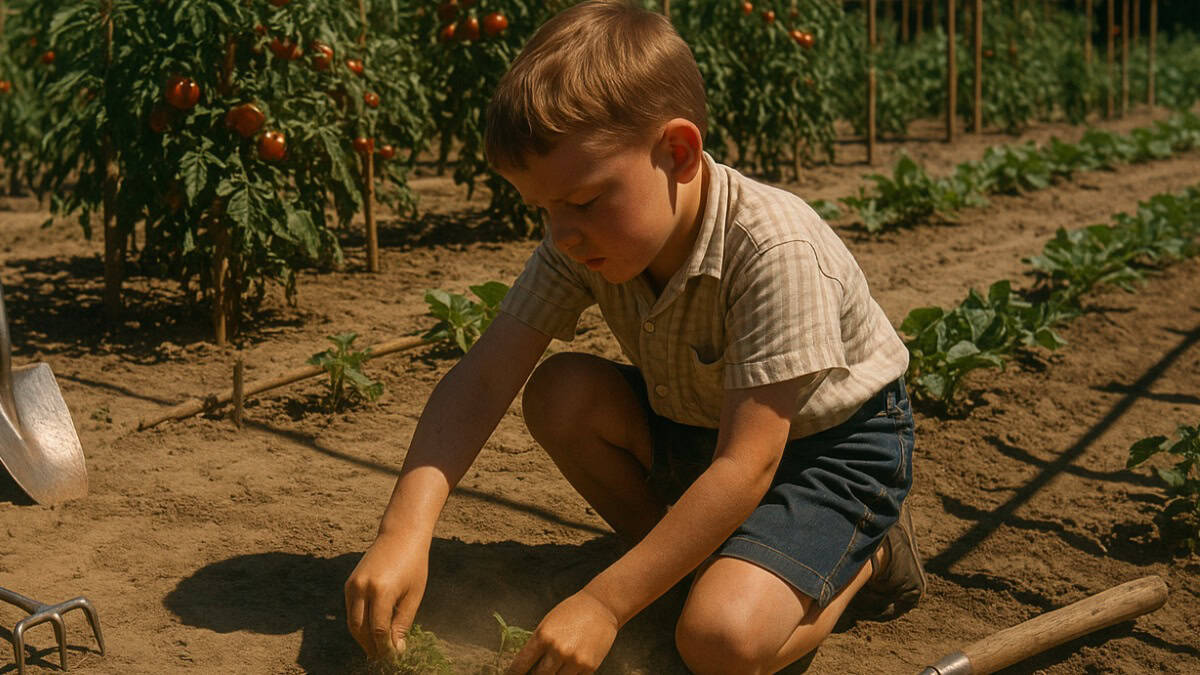A child watering plants in a garden, showcasing the importance of chores in building character.