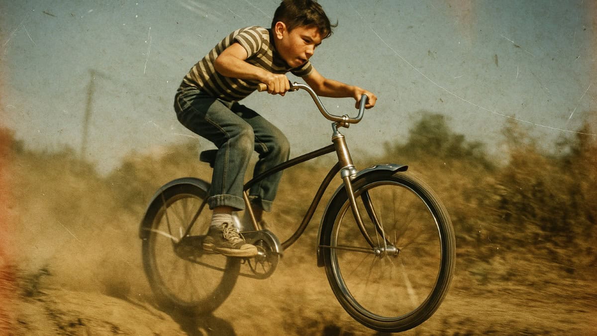 A child mid-air performing a ditch jump on a bike, reflecting risky childhood fun.