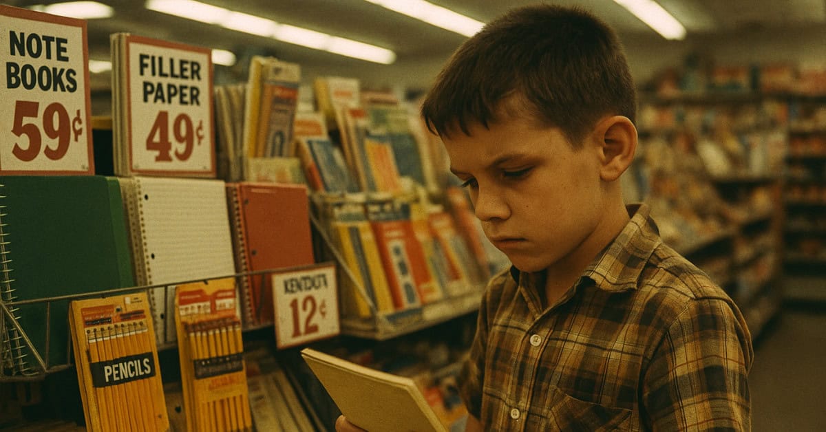 What a Dollar Got You in the 1970s vs. What It Costs Now 11 A child shopping for school supplies with their allowance money, reflecting past habits.