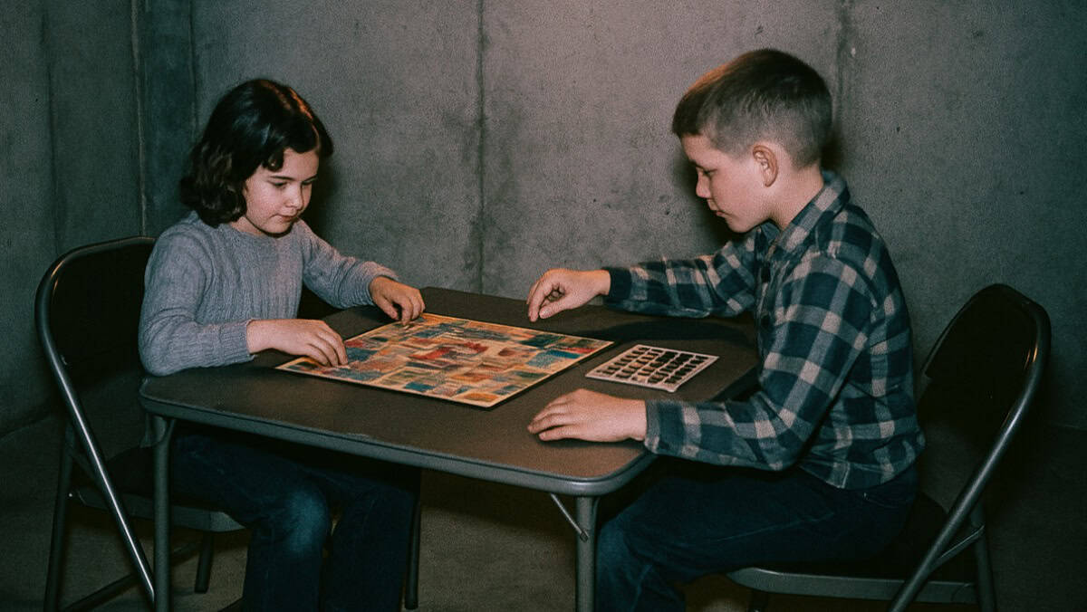 A kid enjoying a cool moment in the basement, reminiscing about life without air conditioning.